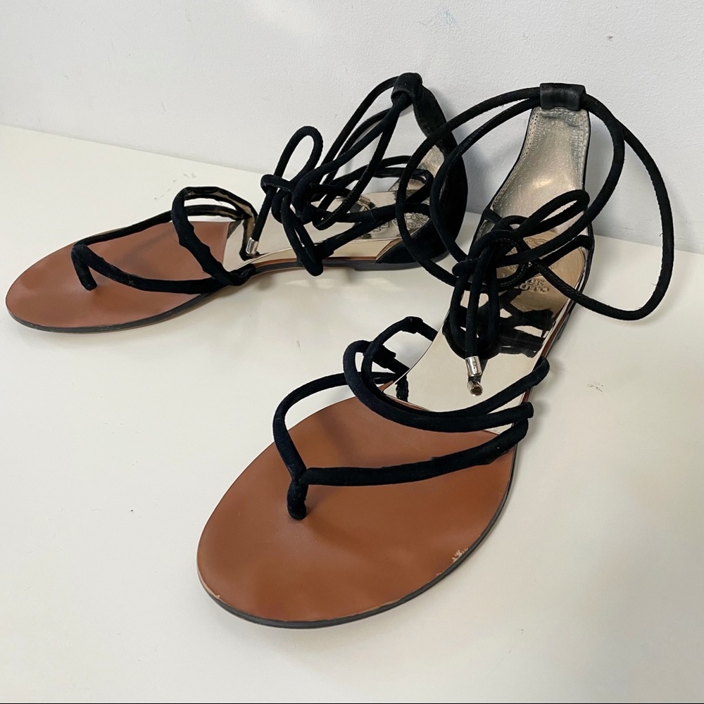 Vince Camuto lace up black suede flat sandals summer